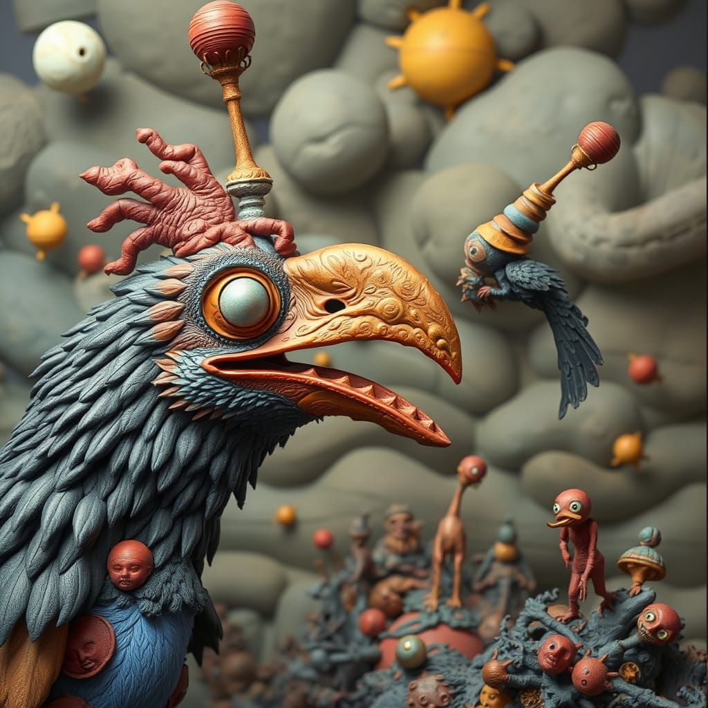 Claymation Crow Clown World in Hyperrealist Style