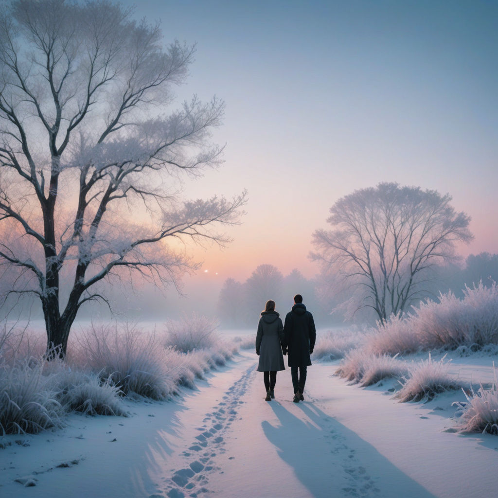 Two People Wander an Ethereal Winter Wonderland