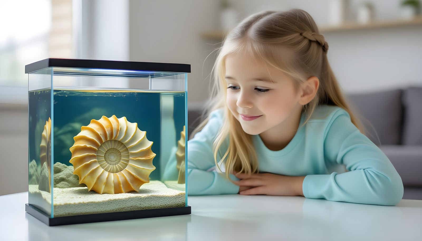 Girl Gazing at Living Ammonite in Aquarium