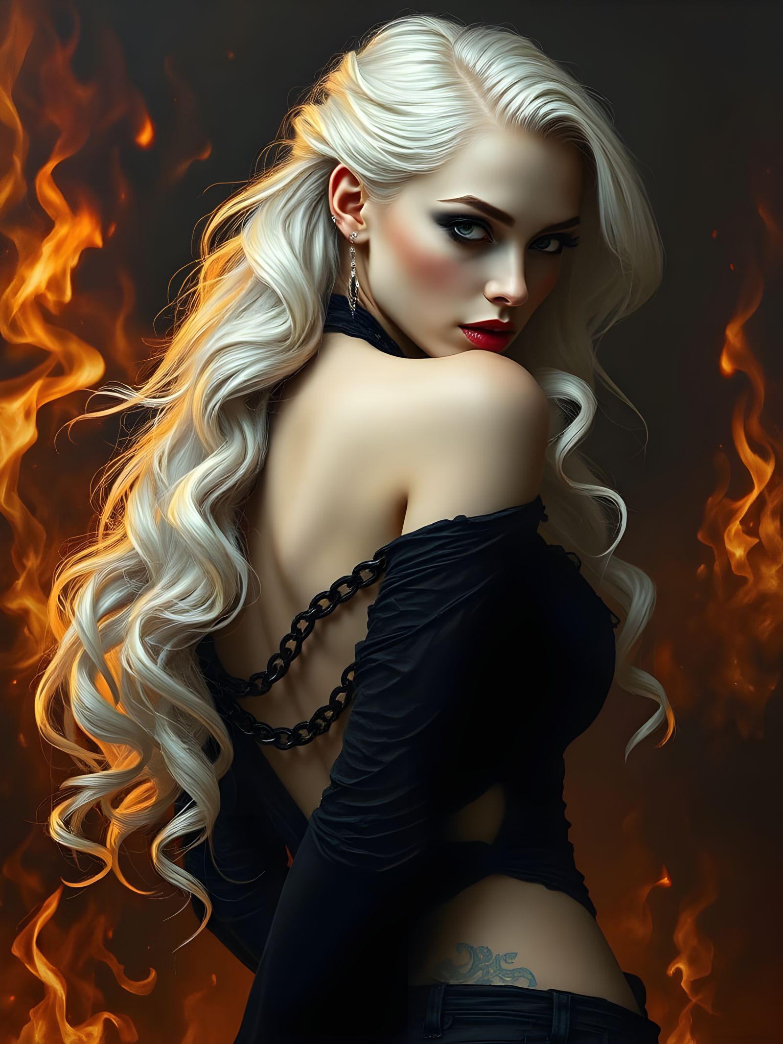 Elegant Vampire Goddess in Black Steel Chains