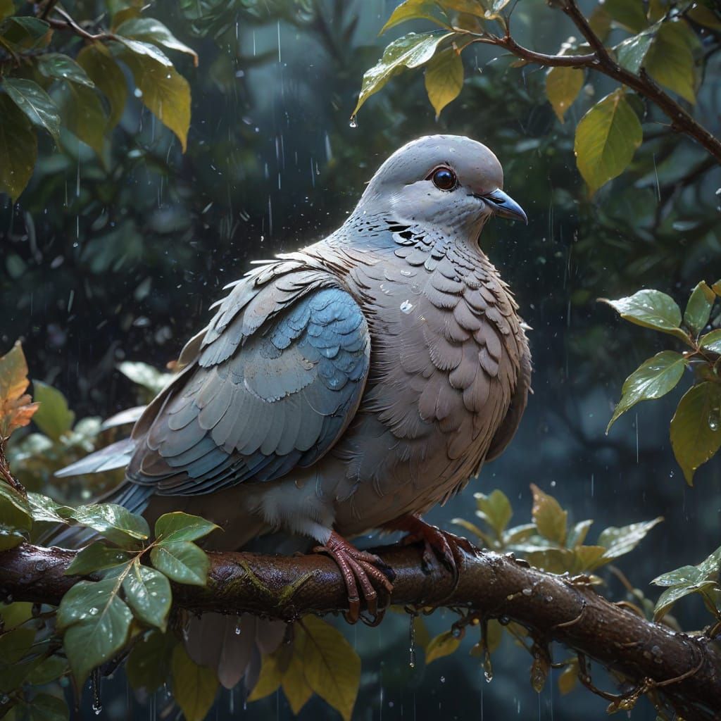 Serene Dove in Rainy Night, Close-Up, 3D Realism