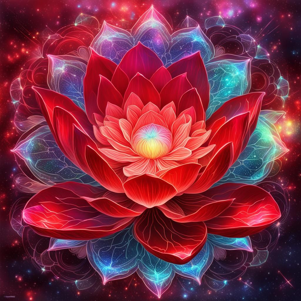Shining Glass Red Lotus: Holographic Cosmic Illustration