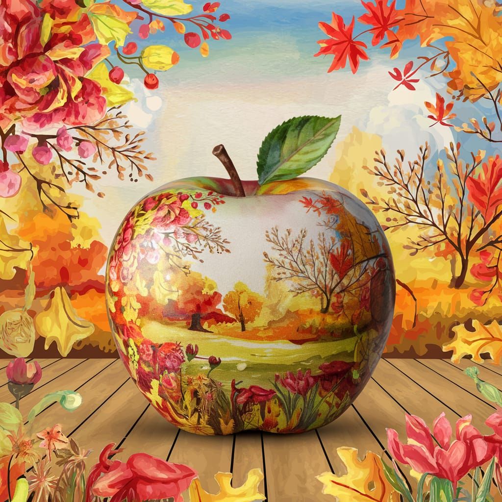Autumn Landscape Reflected on Apple: 3D Watercolor