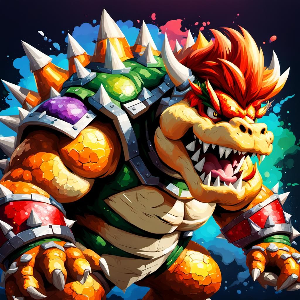 Pixelated Bowser Splash Art: Hyperrealistic Video Game