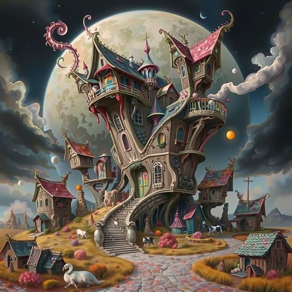 Surreal Melting Moon Over Alien Landscape in Hyper-Maximalis...