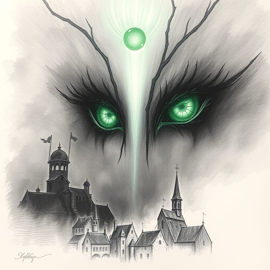 Ethereal Emerald Eyes Illuminate Medieval Village in Dreamli...