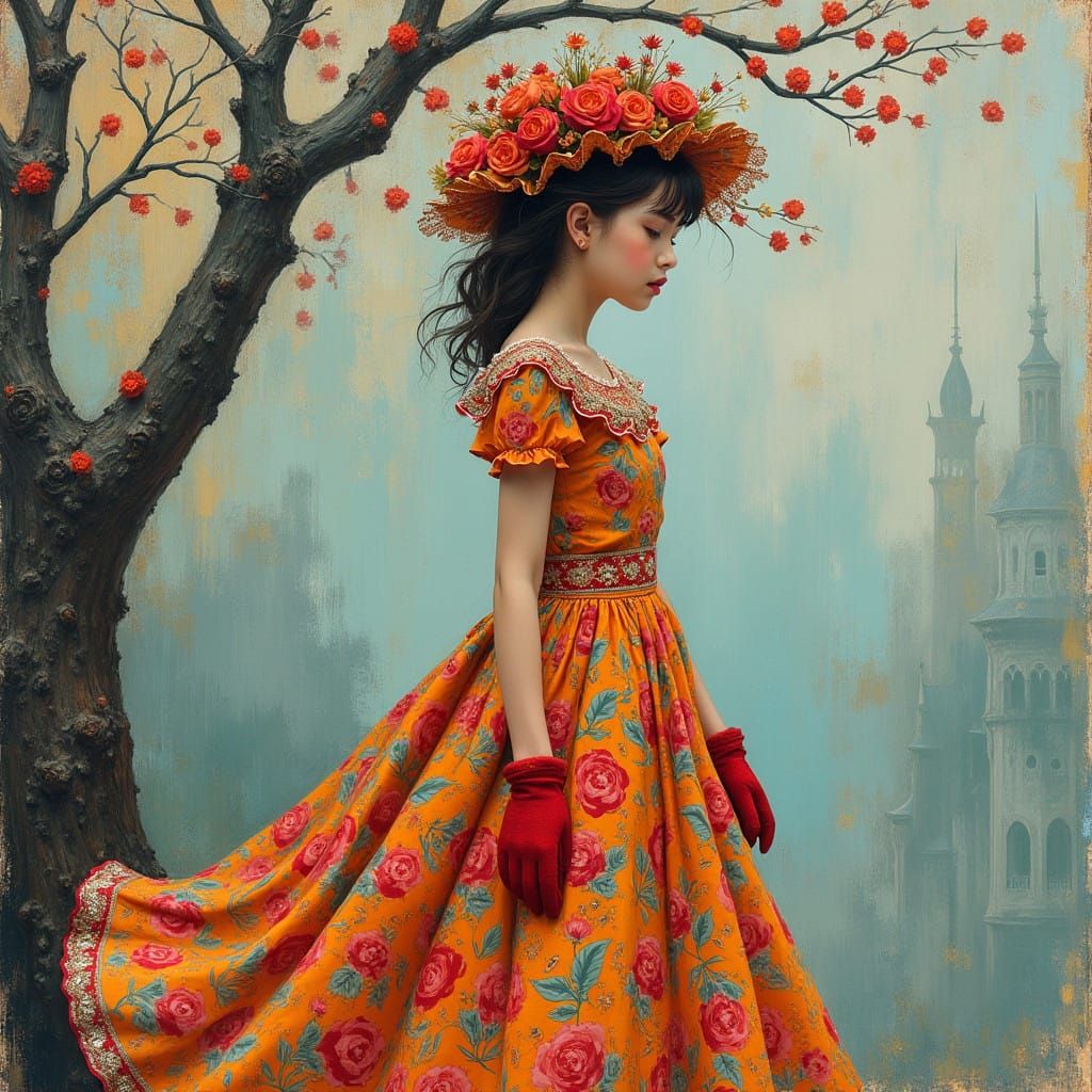 Glamorous Girl at Vibrant Venetian Carnival in Mixed Media I...