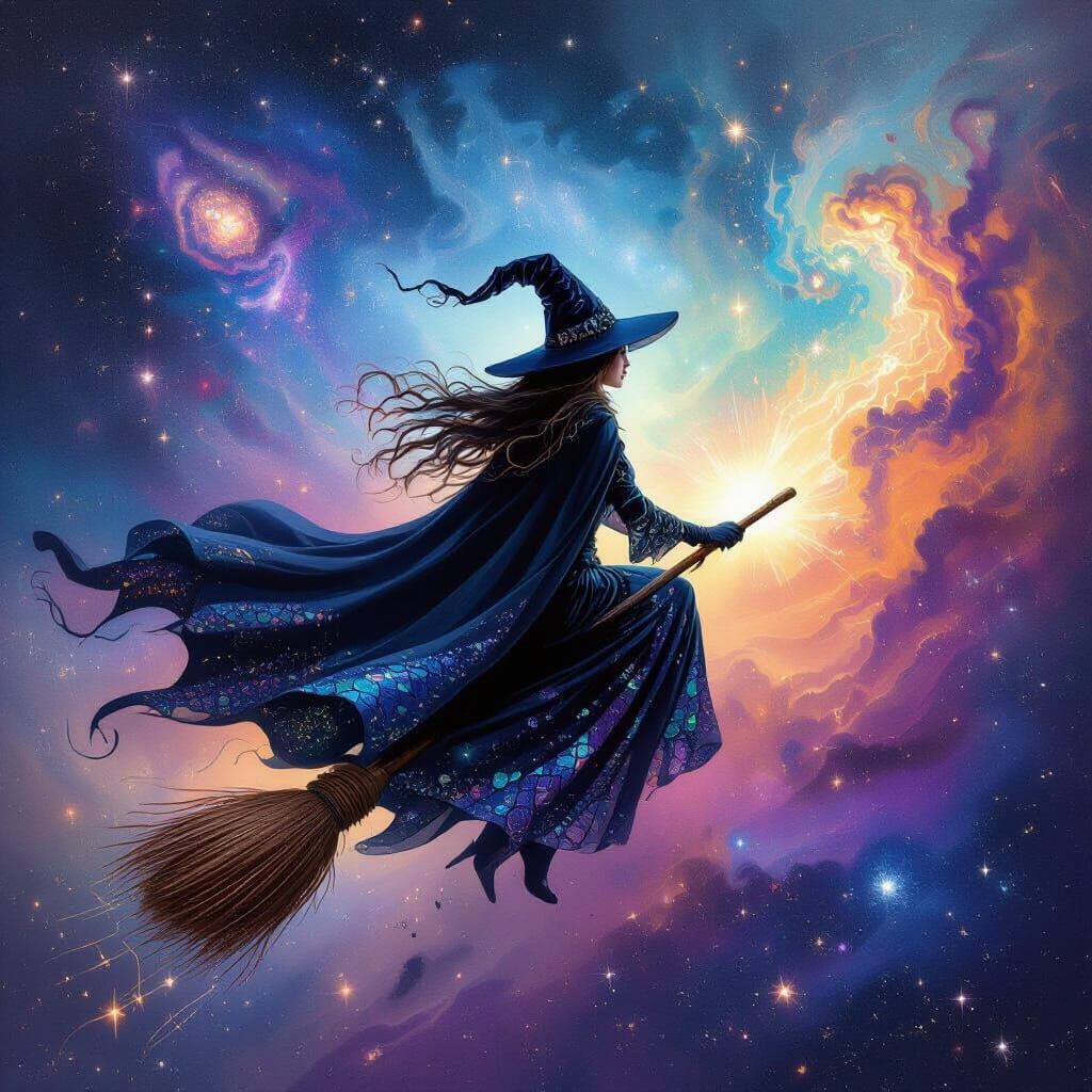 Surreal Witch in Space, Riding Broom Through Nebula