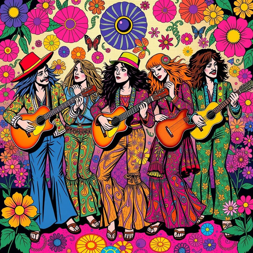 Groovy Hippies in Psychedelic 1970s Scene