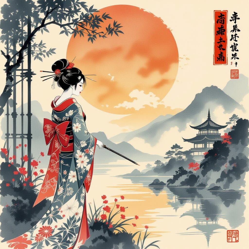 Japanese Ink Painting in Art Deco Style