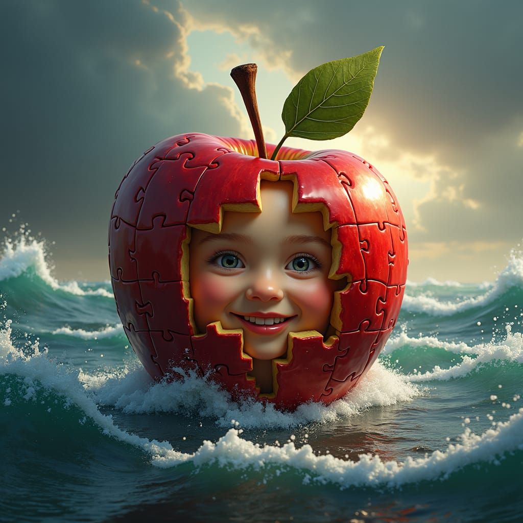 Apple Puzzle Reveals Smiling Child in Dreamlike Art