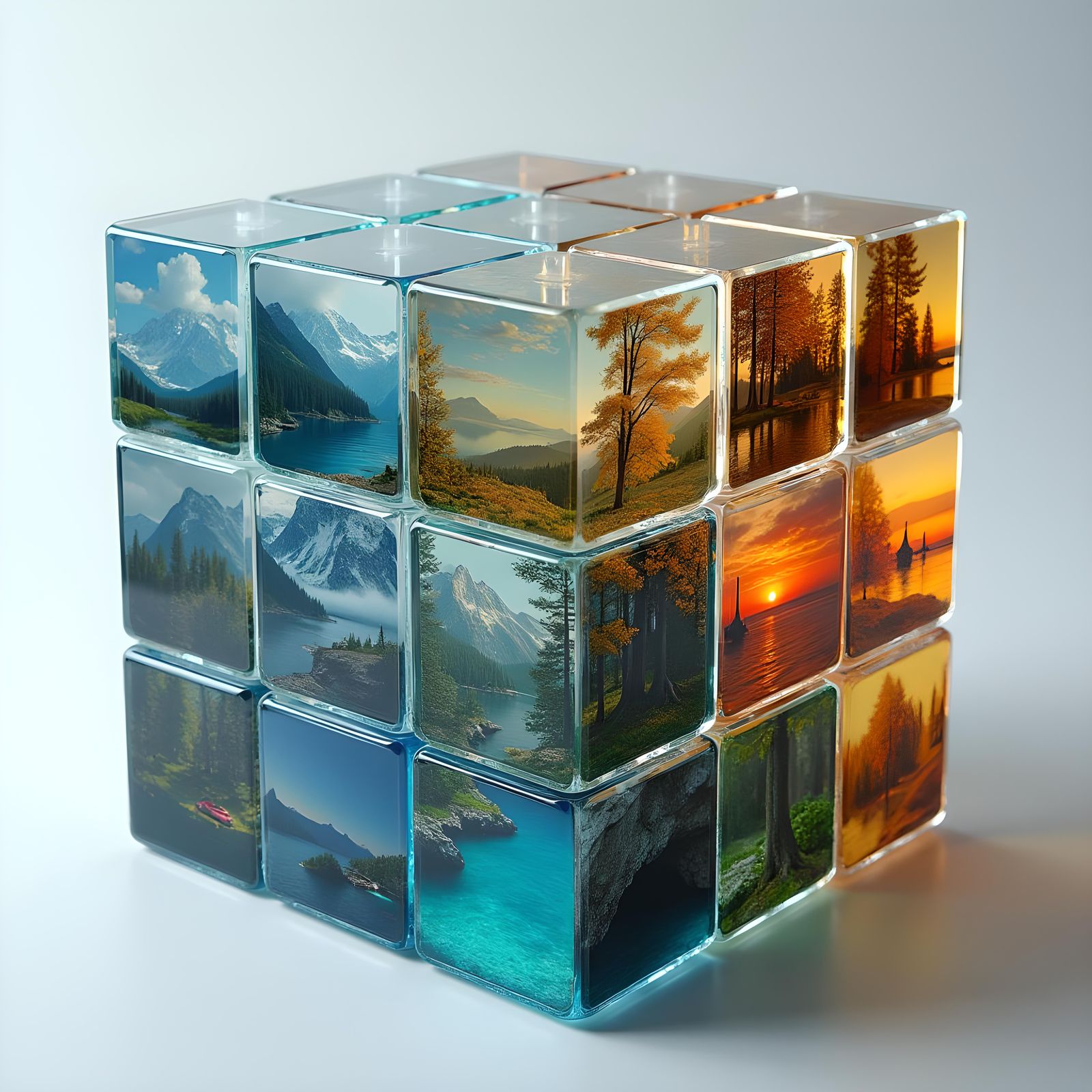 Glass Rubik's Cube with Landscape Scenes