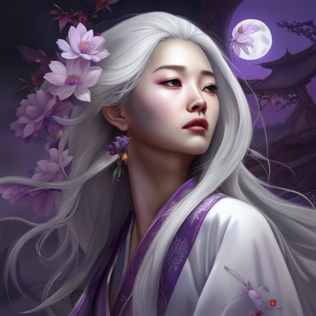 Chinese Woman in Traditional Dress with Purple Flowers