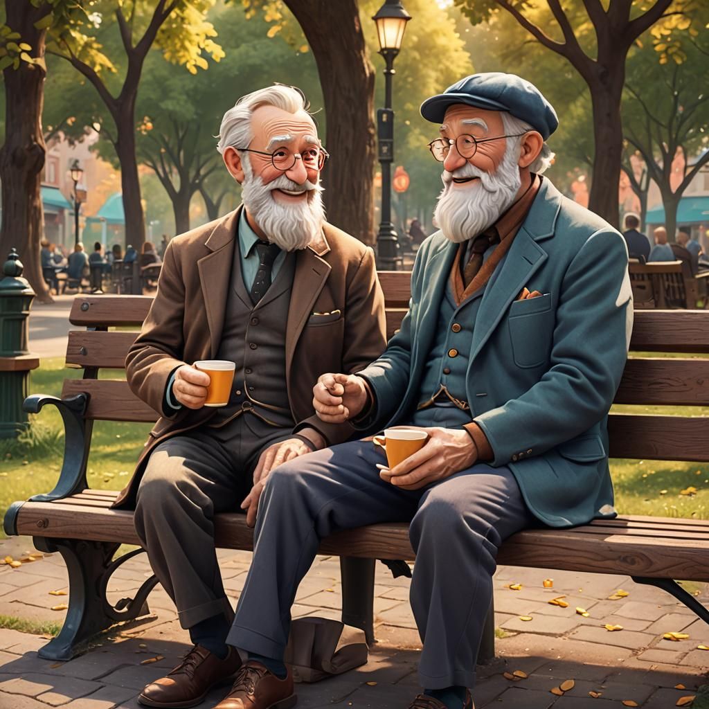 Two Bearded Men Enjoying Coffee: Pixar Style