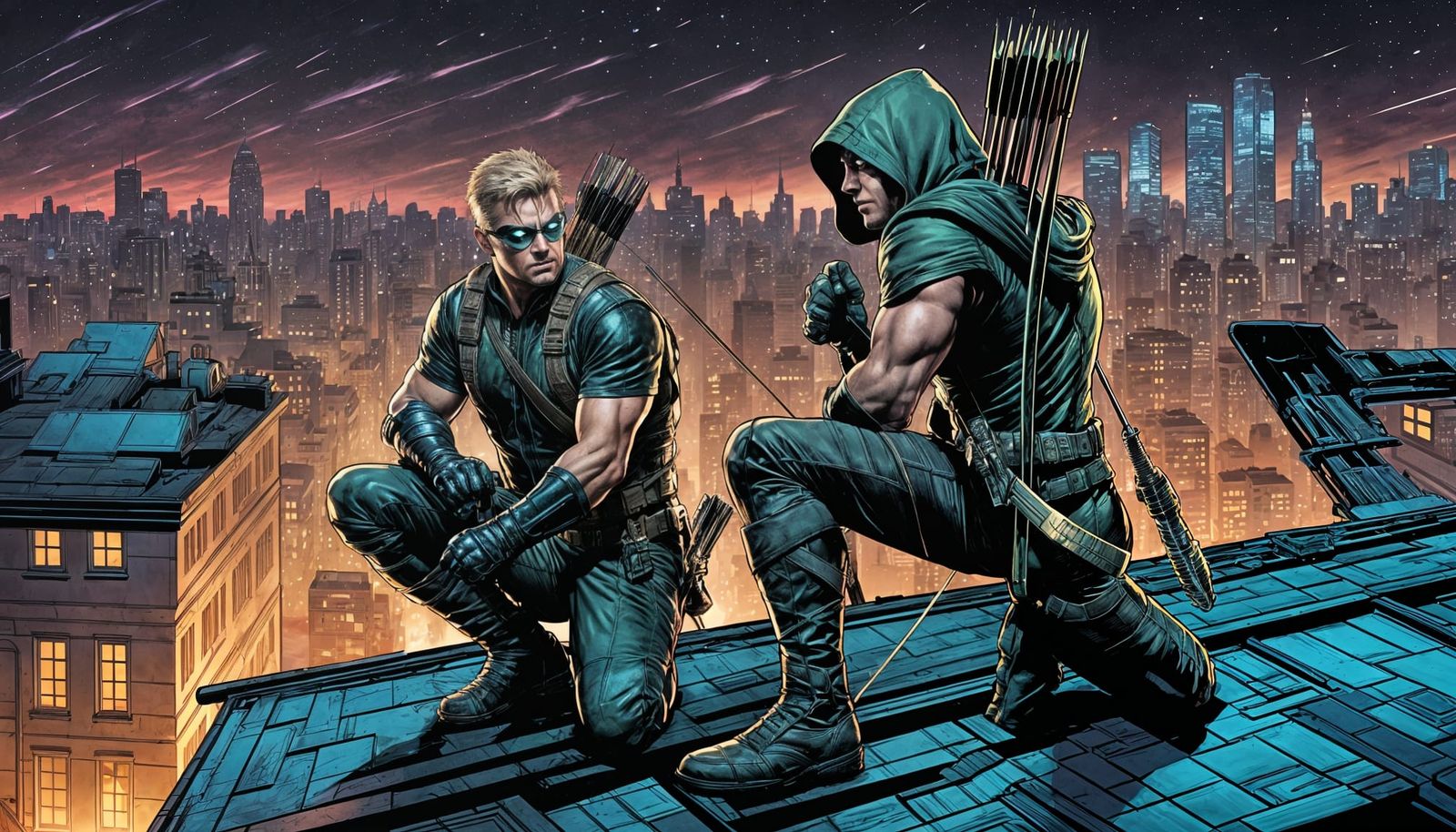 Heroic Archers on Rooftop, Comic Book Art