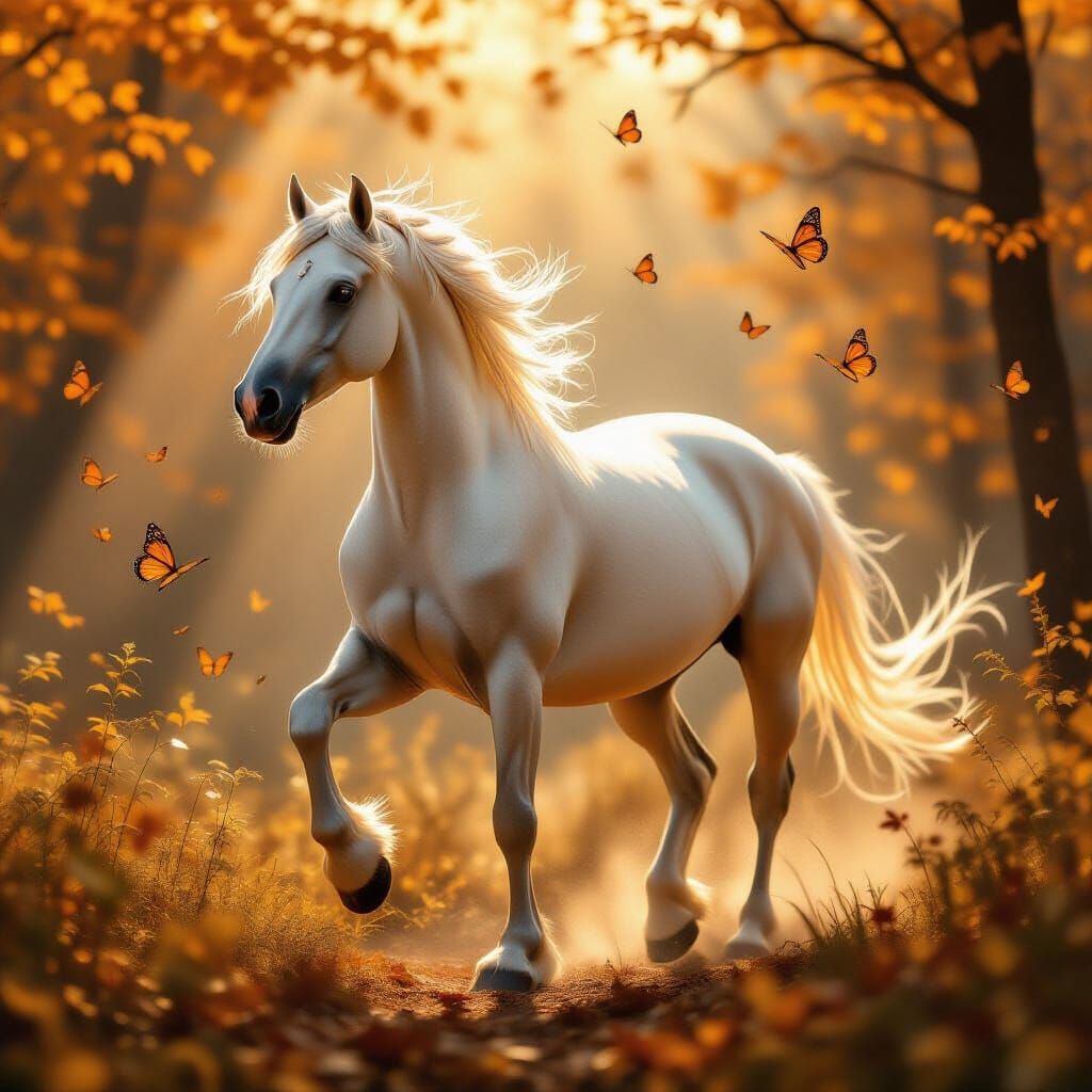 Elegant Champagne Horse in Golden Autumn Forest