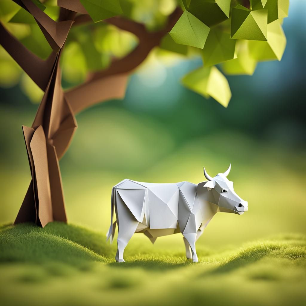 Origami Cow Grazing Underneath a Tree