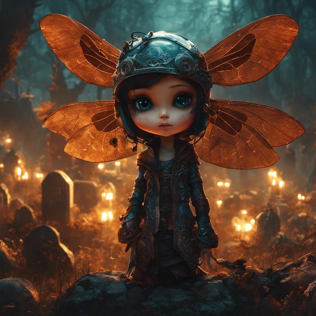 Chibi Dragonfly in Spooky Graveyard, Detailed 3D Art