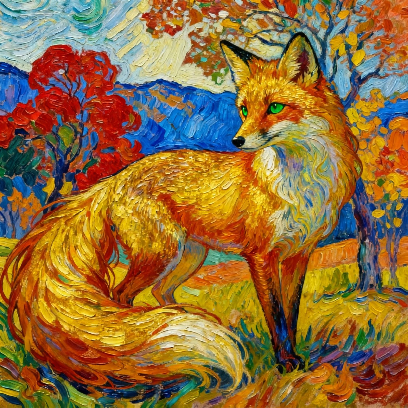 Beautiful Fox in Autumn Sun, Gauguin Style
