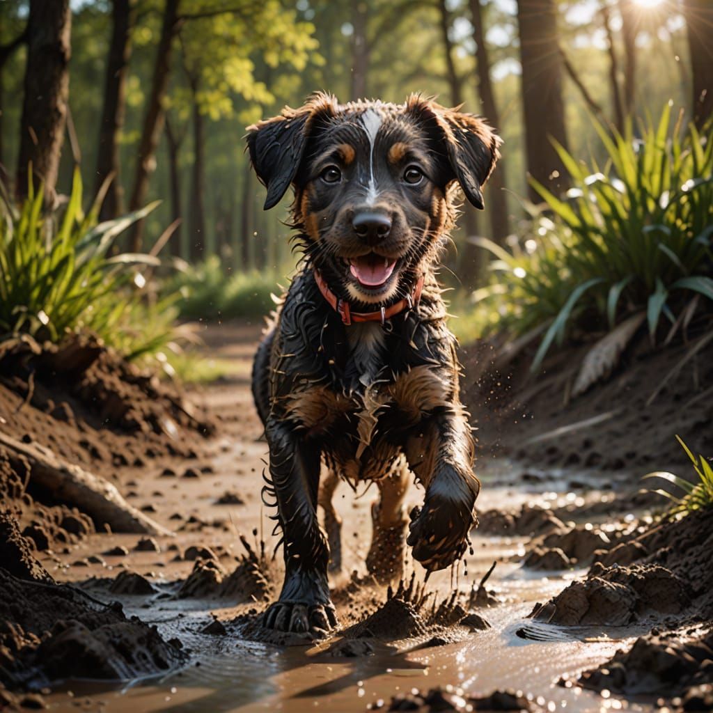 Realistic Wildlife Photography of a Puppy in the Mud