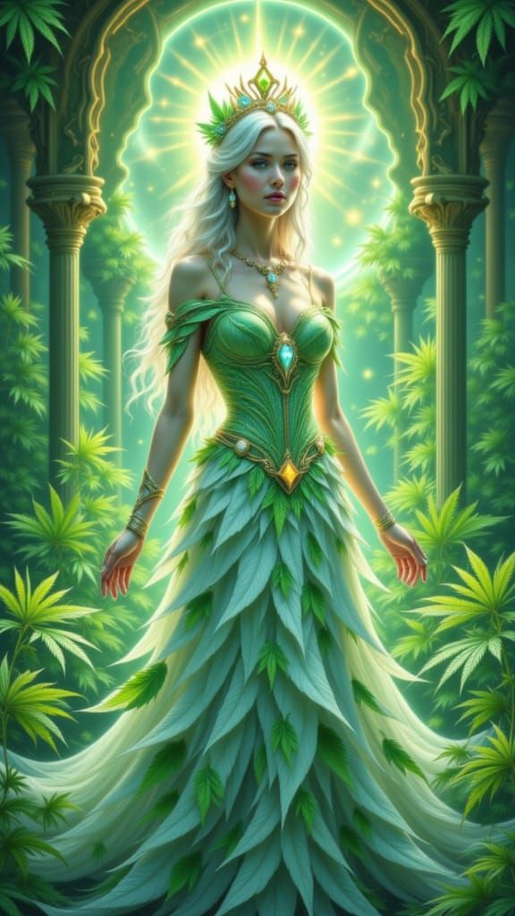Futuristic Priestess in Cannabis Couture: A Digital Painting