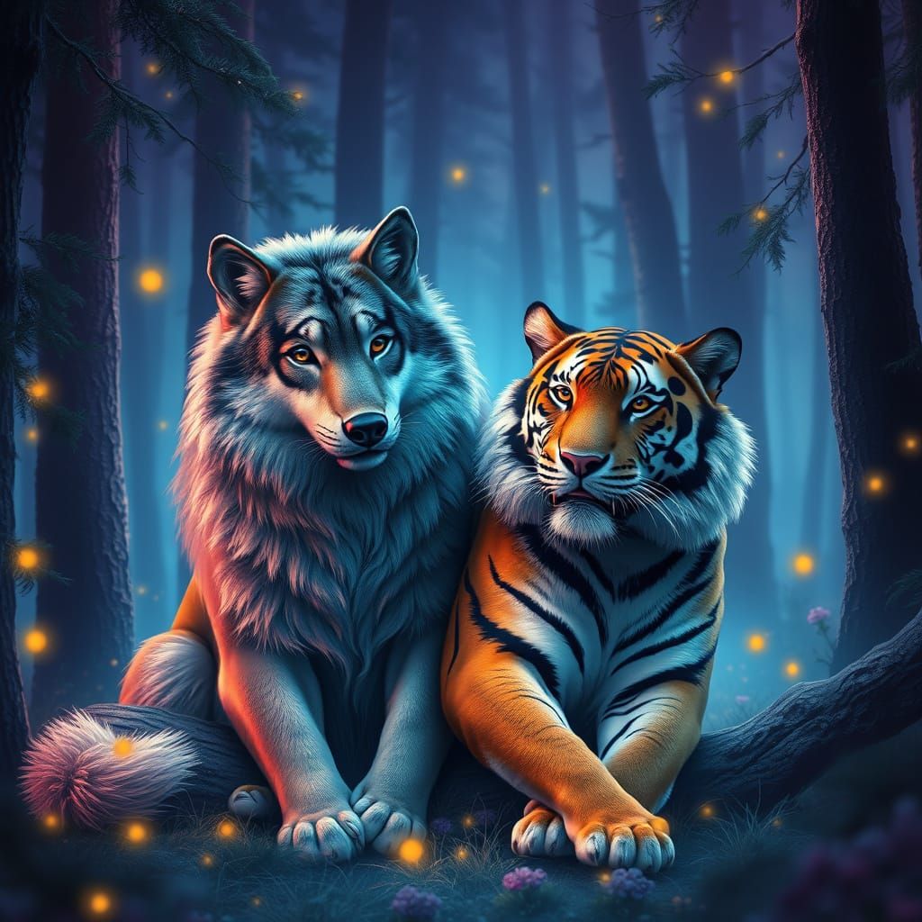 Fantasy Forest Scene: Majestic Wolf and Tiger Friendship