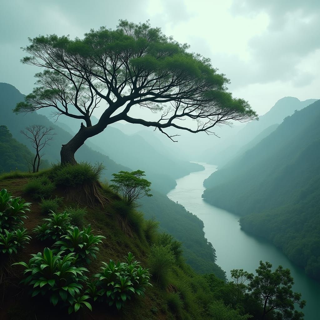 Amazon River Tree Bends in Storm