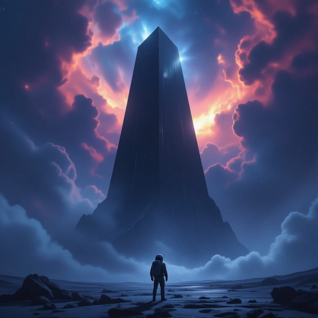 Astronaut Adrift, Gazing at Obsidian Cosmic Tower