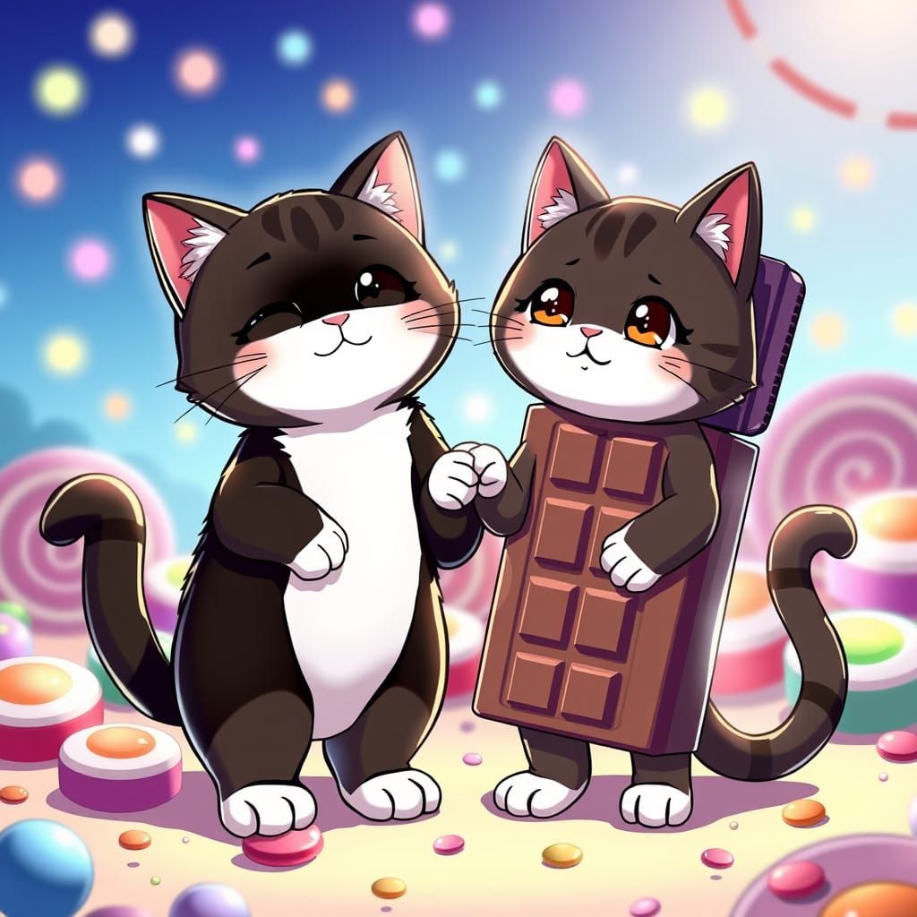 Oreo and Kit Kat Cats Holding Paws in Candy Land