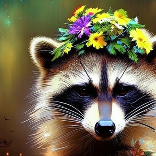 Raccoon with Floral Wreath Digital Illustration