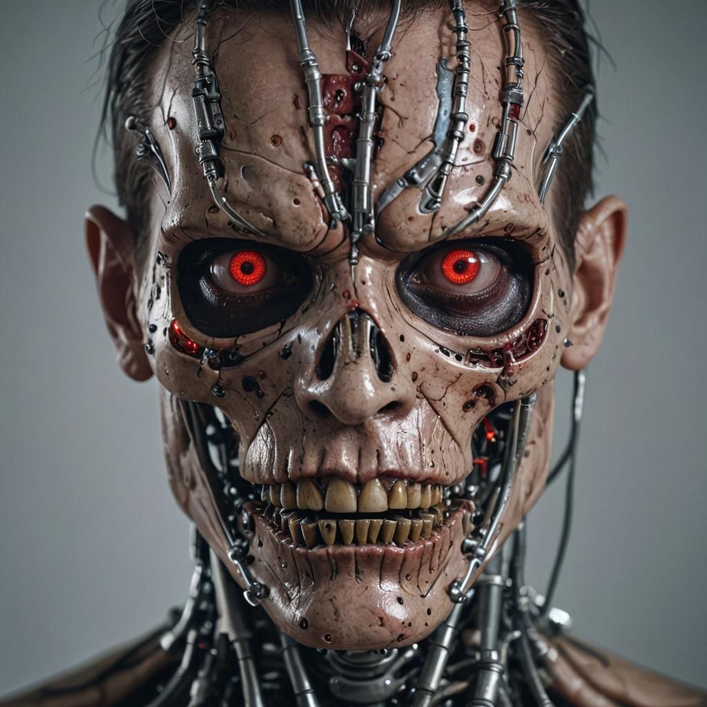 Menacing Cyborg Portrait with Red Laser Eyes