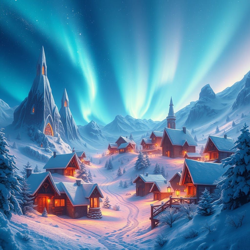 Magical Snowy Village Under Glowing Aurora