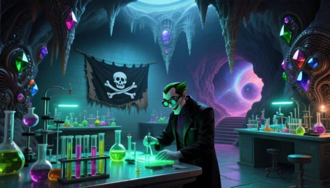 Villain's Cavern Base with Gem Stalactites and Lab Equipment