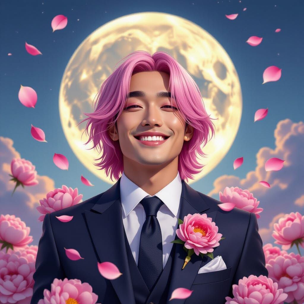 Peony Petal Man in Surreal Moonlight