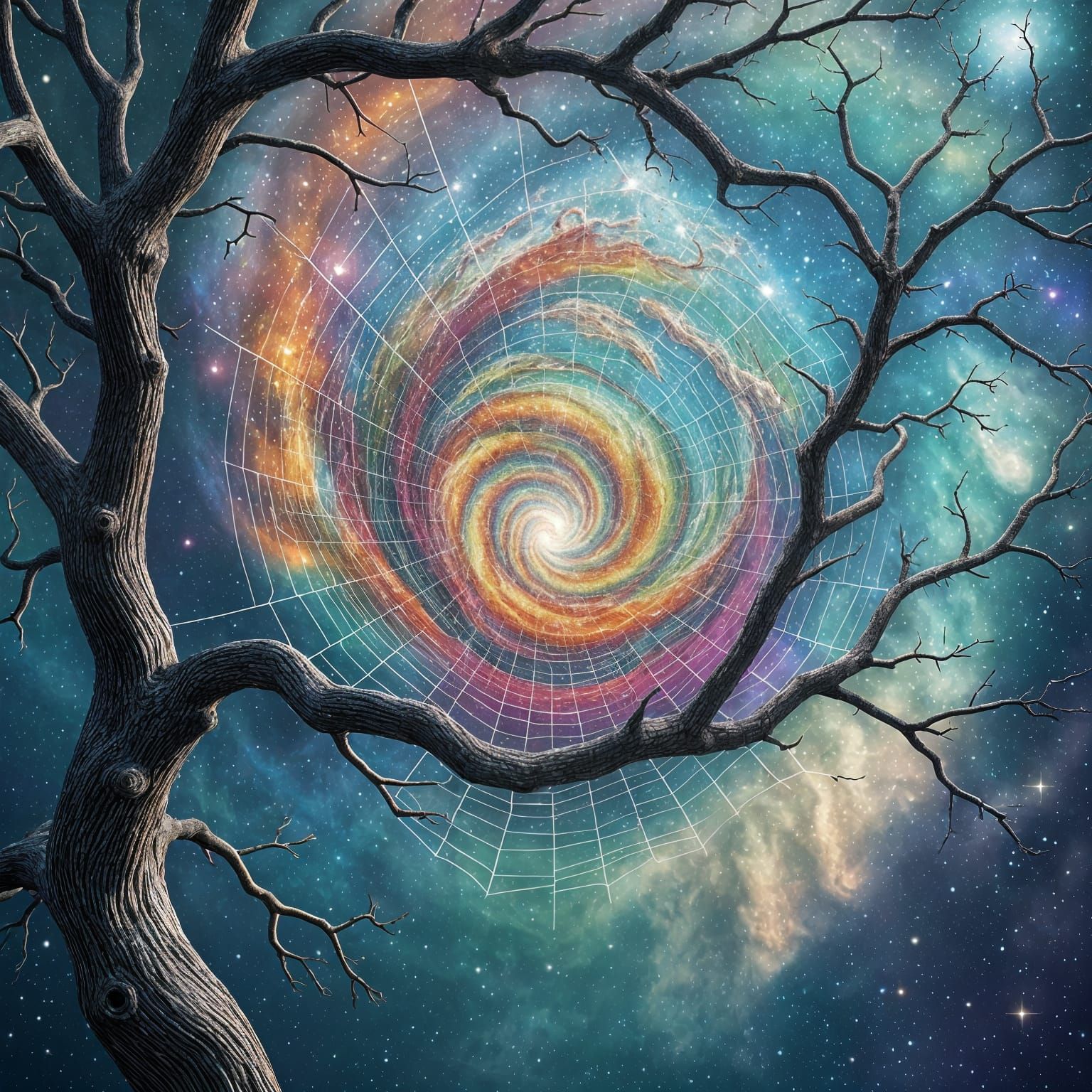 Colorful Spiral Galaxy in Starry Web, Abstract Fractal Art