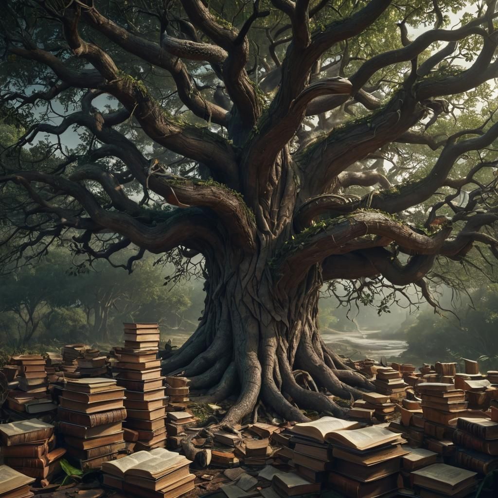 Tree of Knowledge with Books and Guarding Snake