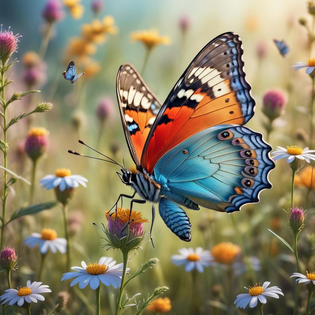 Colorful Butterfly in Hyperdetailed Meadow Scene