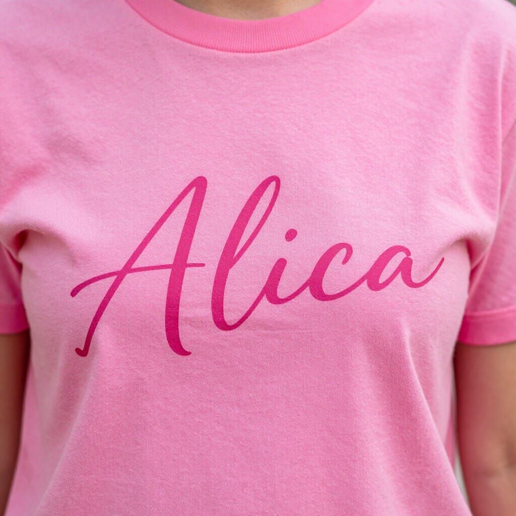 Pink T-Shirt with Elegant "Allica" Cursive Script