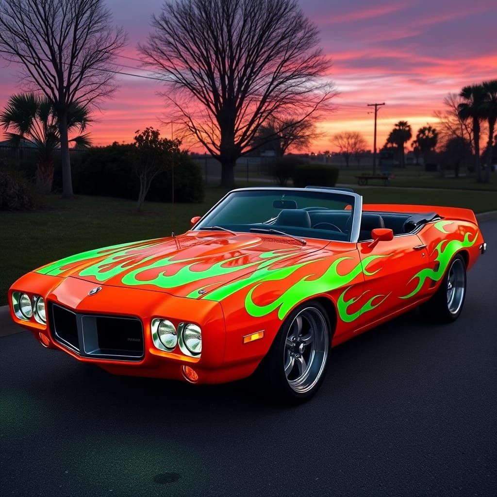Neon Orange Convertible with Green Flames