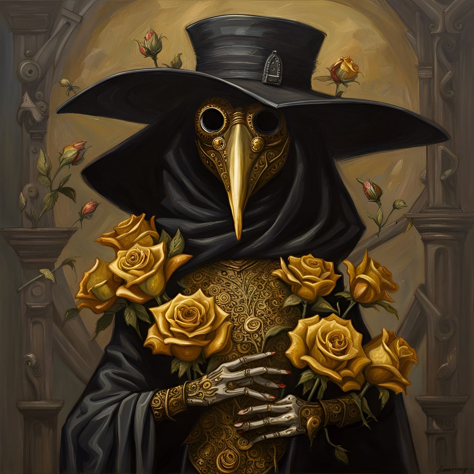 Golden Plague Doctor with Roses: Oil Painting