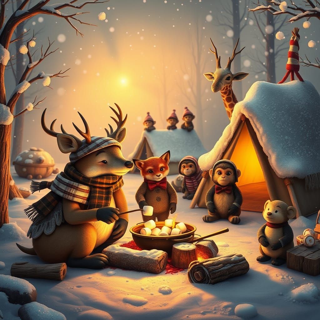 Winter Wonderland Campsite Scene in Whimsical Style