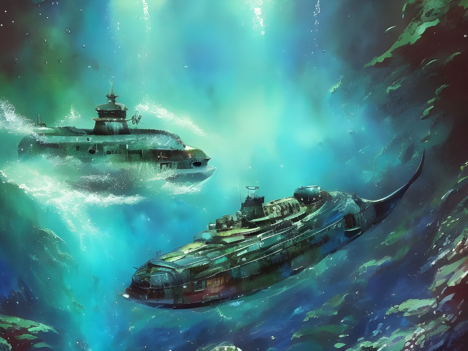 Vintage German Submarine in Psychedelic Underwater Art