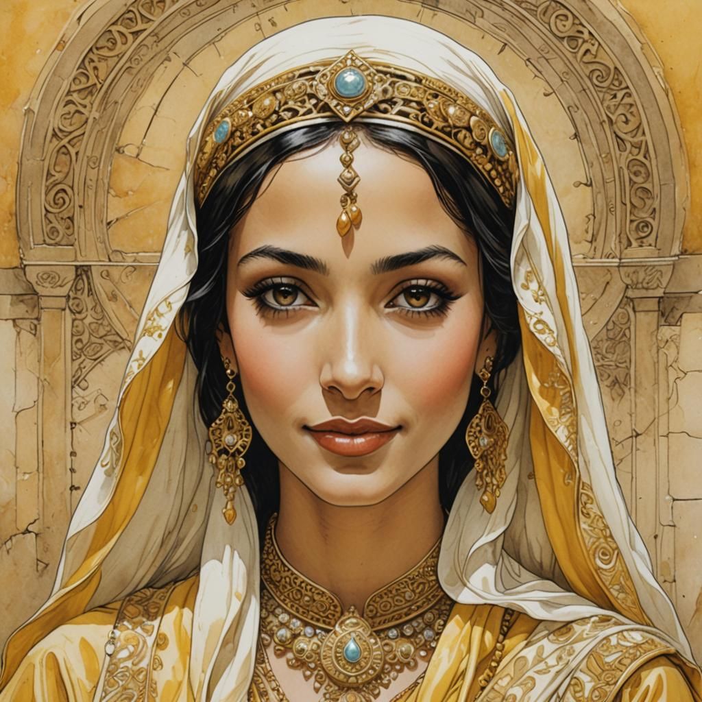 Arabian Princess Portrait in Yellow, Cartoon Style