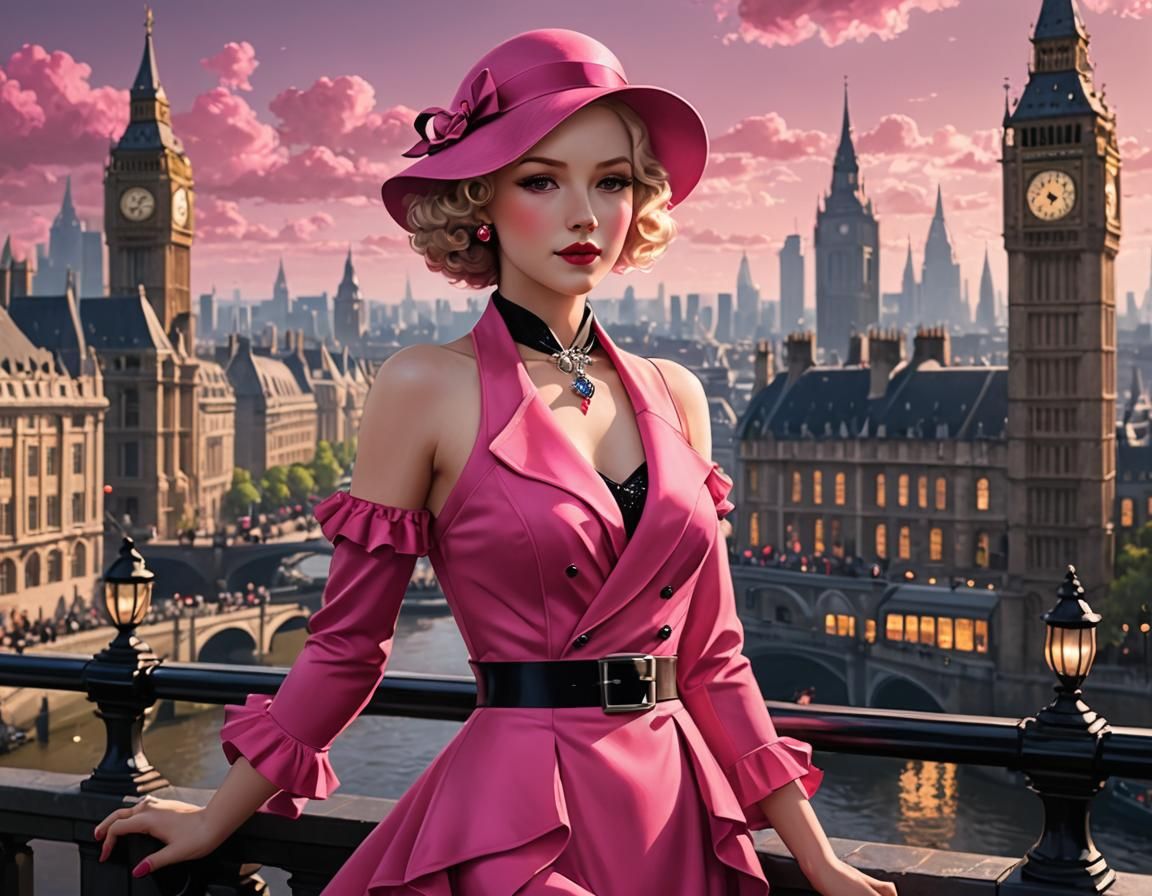 Hot Pink 1930s Suit in Anime Art Style
