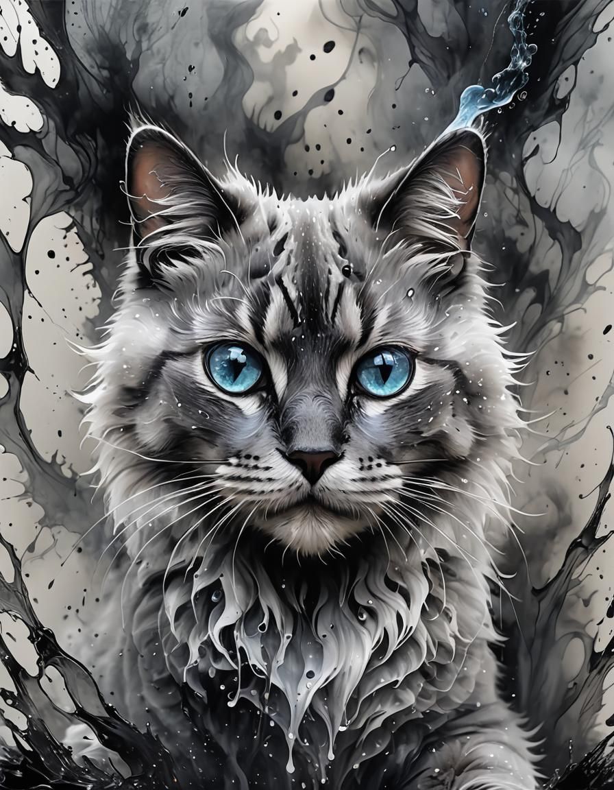Glass Cat with Smoke and Ink Splatter Effects