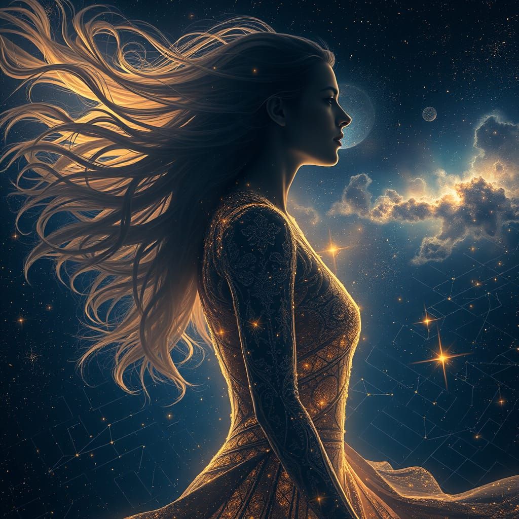 Ethereal Woman Blending with Celestial Night Sky