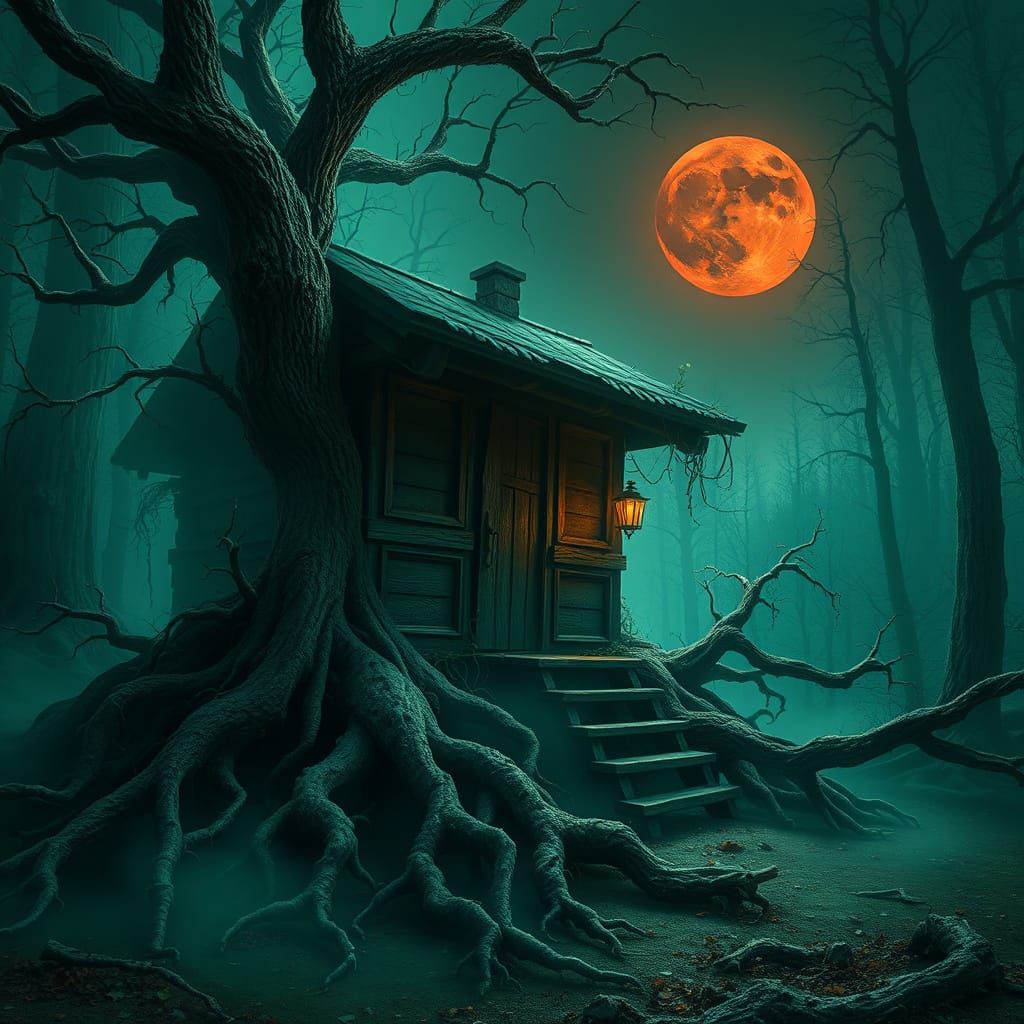 Eerie Cabin in Emerald Mist Under Black Moon