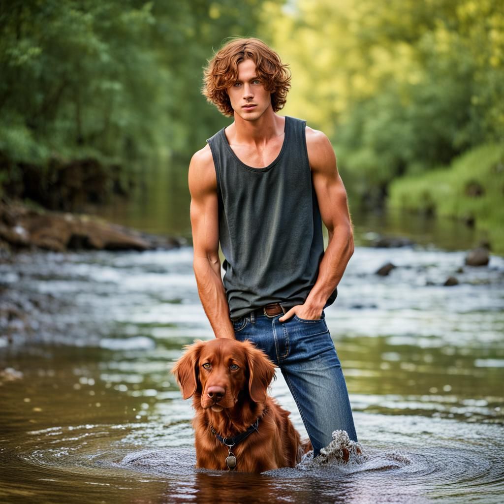 Freckled Teen and Irish Setter in Creek