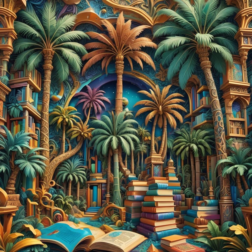 Dreamlike Composition: Palm Trees, Books, and Carvings