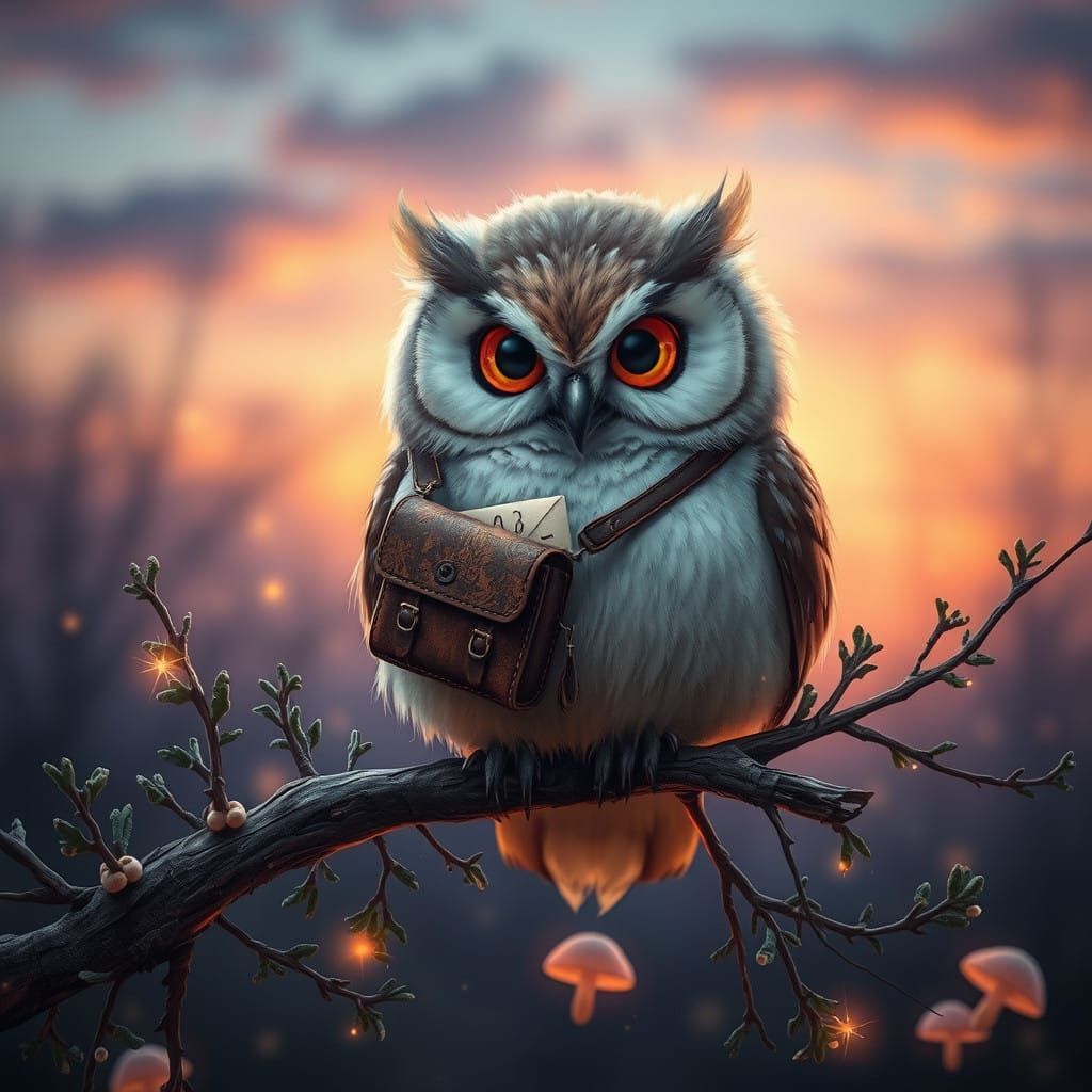 Whimsical Owl Perched in Twilight Wonderland